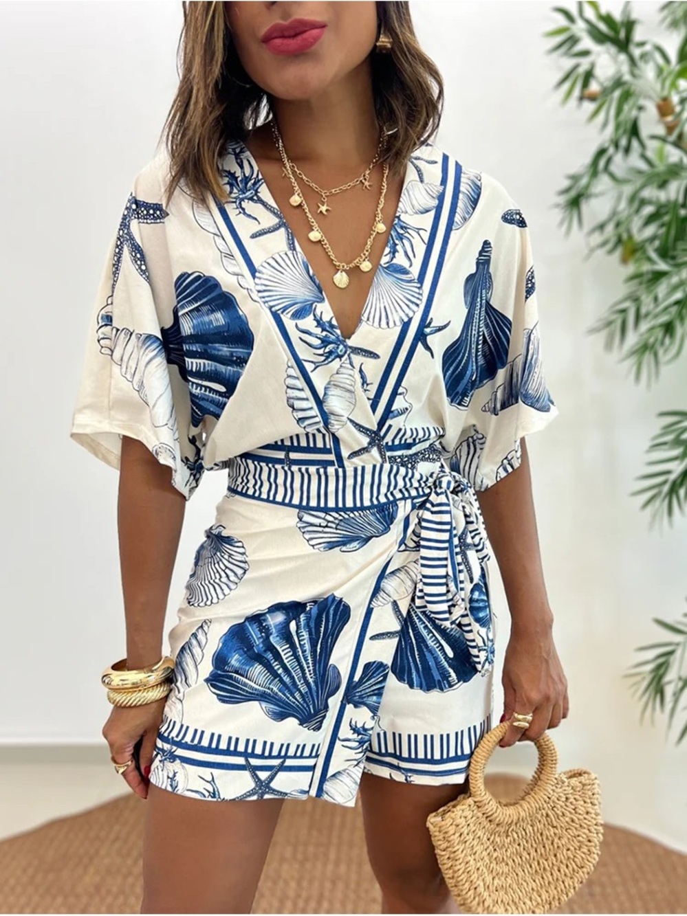 Nautical Shell Print Wrap Romper Coverup - Blue/Cream